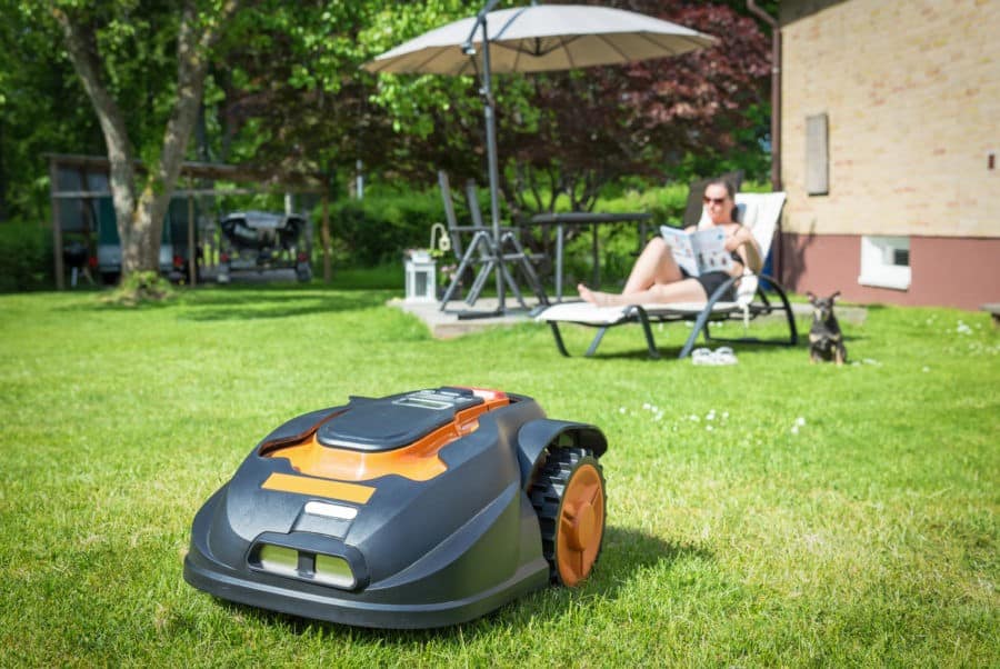 Automatic lawnmower in modern garden robotmaaier